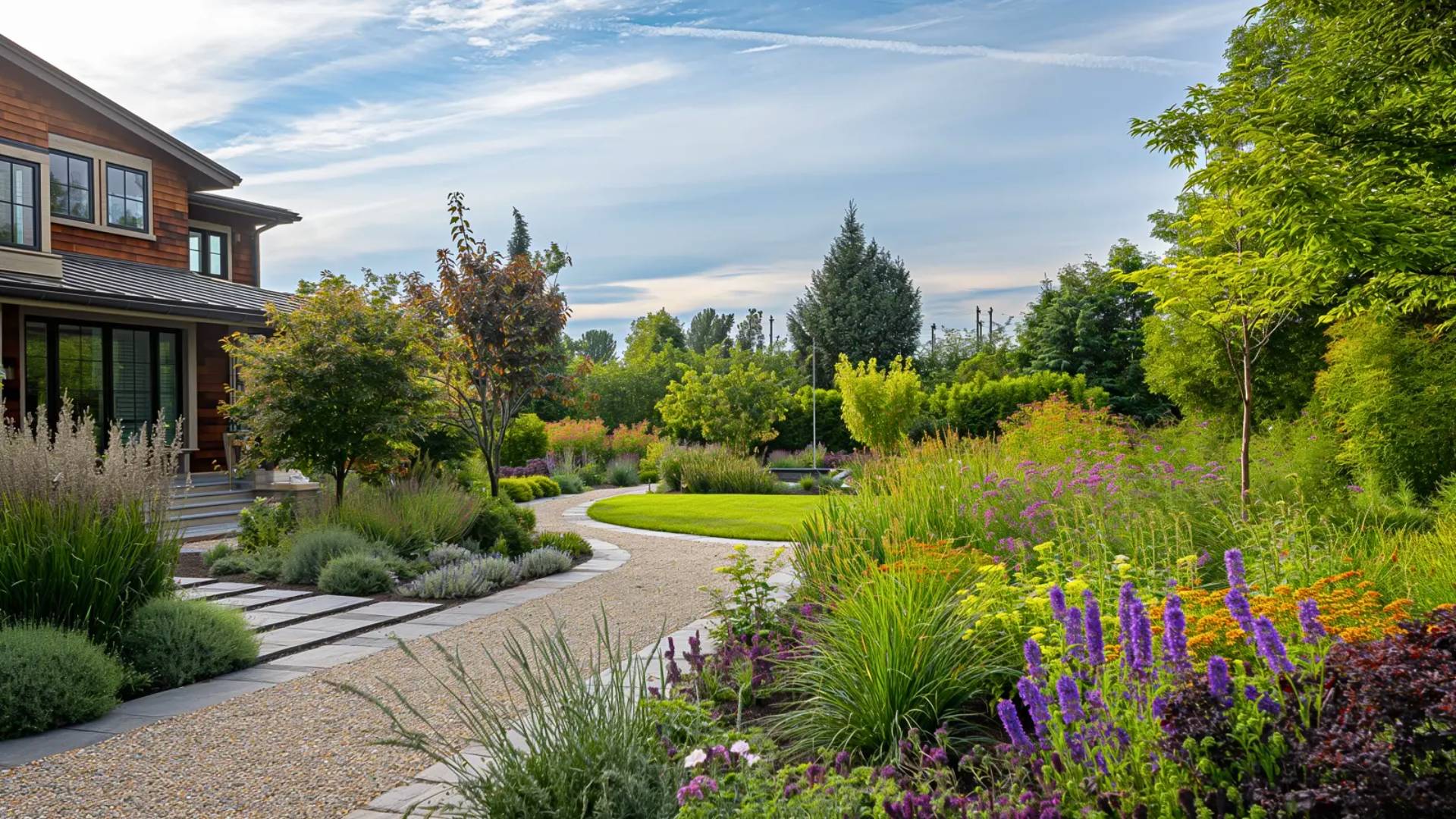 Professionally landscaped residential yard with pathway, trees, and flowering plants
