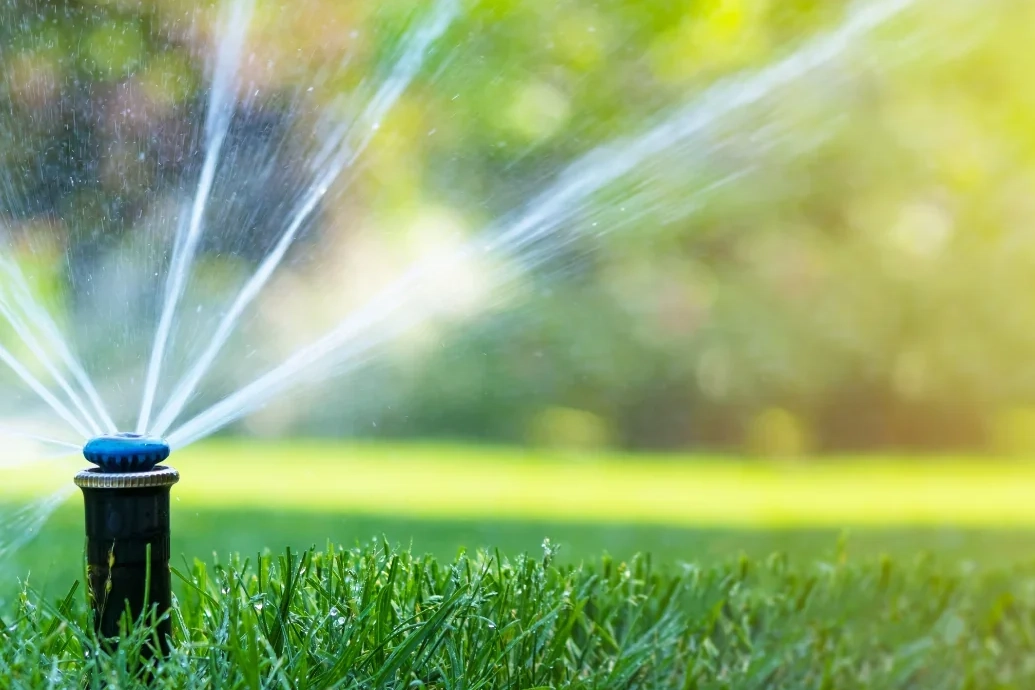 Residential lawn irrigation system in operation - TruScape Lawn irrigation sprinkler watering green grass during daytime