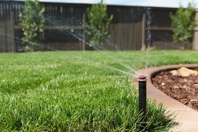 Lawn sprinkler head watering a residential grass lawn